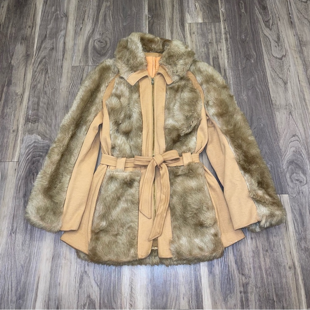 Vintage 1970s SEARS Penny Lane Faux Fur Coat Belted Tan Pockets